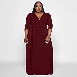 V Neck Sashes Loose Casual Plus Size Dresses OSS-22353
