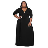 V Neck Sashes Loose Casual Plus Size Dresses OSS-22353