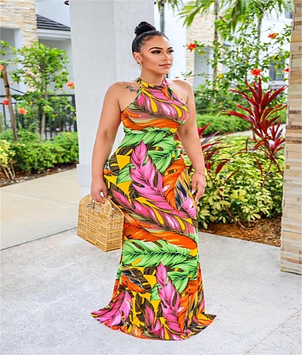 Elegant Print O Neck Sleeveless Vacation Dresses MUX-6108