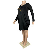 Long Sleeve Loose Casual Pleated Pullover Dress FSX-514