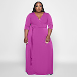 V Neck Sashes Loose Casual Plus Size Dresses OSS-22353