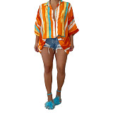 Striped Button Up Half Sleeve Blouses Shirts ASL-6589