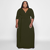 V Neck Sashes Loose Casual Plus Size Dresses OSS-22353