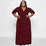 V Neck Sashes Loose Casual Plus Size Dresses OSS-22353