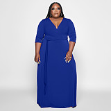 V Neck Sashes Loose Casual Plus Size Dresses OSS-22353