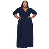 V Neck Sashes Loose Casual Plus Size Dresses OSS-22353