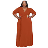 V Neck Sashes Loose Casual Plus Size Dresses OSS-22353
