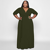 V Neck Sashes Loose Casual Plus Size Dresses OSS-22353