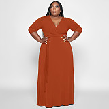 V Neck Sashes Loose Casual Plus Size Dresses OSS-22353
