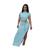 Sleeveless O Neck Tank Top High Split Skirt Sets DD-88180