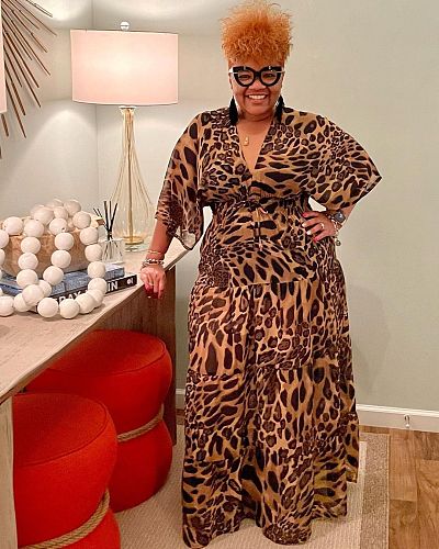 Leopard Print V Neck High Waist Plus Size Dresses WA-77473