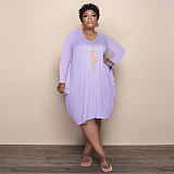 Long Sleeve Loose Casual Pleated Pullover Dress FSX-514
