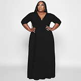V Neck Sashes Loose Casual Plus Size Dresses OSS-22353