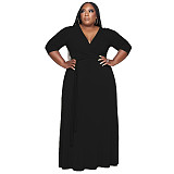 V Neck Sashes Loose Casual Plus Size Dresses OSS-22353