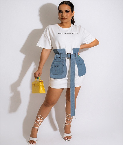 Short Sleeve Patchwork Denim Belt T-Shirts Dress HANI-087-1