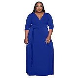 V Neck Sashes Loose Casual Plus Size Dresses OSS-22353