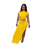 Sleeveless O Neck Tank Top High Split Skirt Sets DD-88180