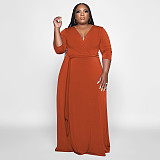 V Neck Sashes Loose Casual Plus Size Dresses OSS-22353