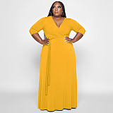 V Neck Sashes Loose Casual Plus Size Dresses OSS-22353