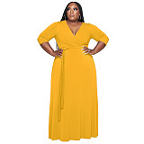 V Neck Sashes Loose Casual Plus Size Dresses OSS-22353