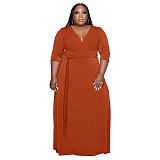 V Neck Sashes Loose Casual Plus Size Dresses OSS-22353