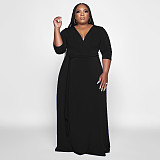 V Neck Sashes Loose Casual Plus Size Dresses OSS-22353