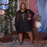 Long Sleeve Loose Casual Pleated Pullover Dress FSX-514