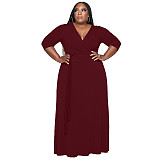 V Neck Sashes Loose Casual Plus Size Dresses OSS-22353
