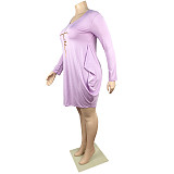 Long Sleeve Loose Casual Pleated Pullover Dress FSX-514