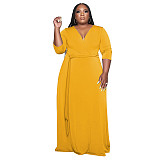 V Neck Sashes Loose Casual Plus Size Dresses OSS-22353