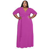 V Neck Sashes Loose Casual Plus Size Dresses OSS-22353