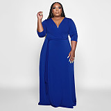 V Neck Sashes Loose Casual Plus Size Dresses OSS-22353
