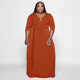 V Neck Sashes Loose Casual Plus Size Dresses OSS-22353