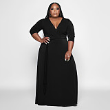 V Neck Sashes Loose Casual Plus Size Dresses OSS-22353