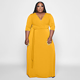 V Neck Sashes Loose Casual Plus Size Dresses OSS-22353