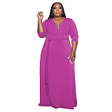 V Neck Sashes Loose Casual Plus Size Dresses OSS-22353