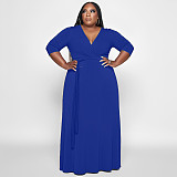 V Neck Sashes Loose Casual Plus Size Dresses OSS-22353
