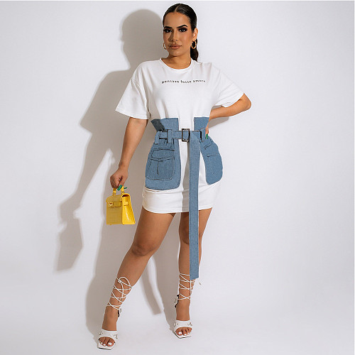 Short Sleeve Patchwork Denim Belt T-Shirts Dress HANI-087-1
