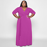 V Neck Sashes Loose Casual Plus Size Dresses OSS-22353
