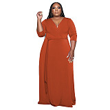 V Neck Sashes Loose Casual Plus Size Dresses OSS-22353