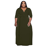 V Neck Sashes Loose Casual Plus Size Dresses OSS-22353