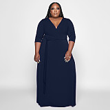 V Neck Sashes Loose Casual Plus Size Dresses OSS-22353