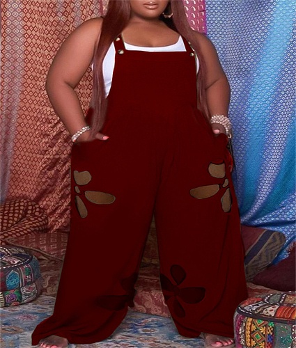 Solid Holes Loose Pockets Wide Leg Jumpsuits ZAND-31216