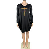 Long Sleeve Loose Casual Pleated Pullover Dress FSX-514