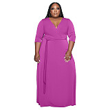 V Neck Sashes Loose Casual Plus Size Dresses OSS-22353