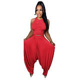Open Back Ruched Crop Top Loose Pants 2 Piece Sets AIL-216