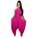 Open Back Ruched Crop Top Loose Pants 2 Piece Sets AIL-216