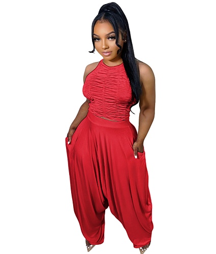 Open Back Ruched Crop Top Loose Pants 2 Piece Sets AIL-216