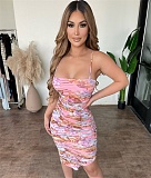 Abstract Print Spaghetti Strap Ruched Bodycon Dresses ASL-6586