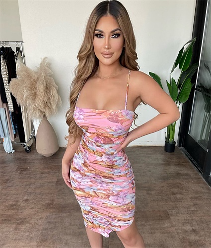 Abstract Print Spaghetti Strap Ruched Bodycon Dresses ASL-6586